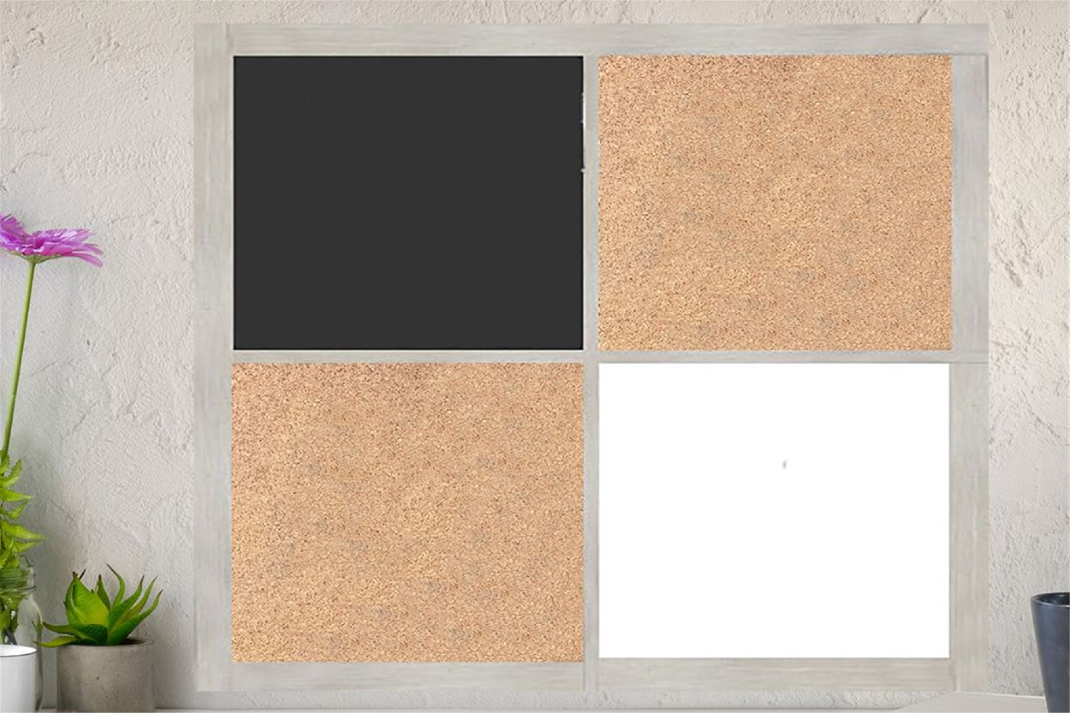 Custom 4-in-1 board combines a blackboard, whiteboard, and corkboards
