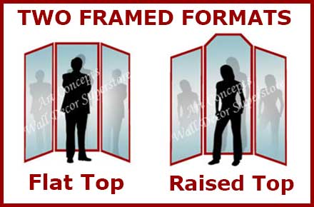 Two formats of framed 3 panel mirrors - flat top and raised top